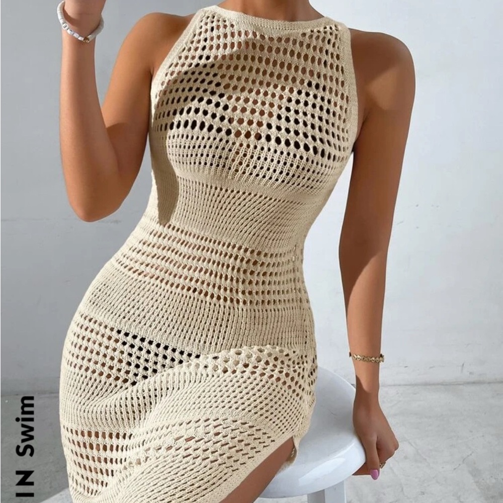 Beige Crochet Knit Dress